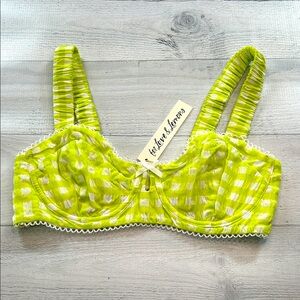 NWT For Love & Lemons Gingham Underwire Bra Top‎ Size Large Spring Green White